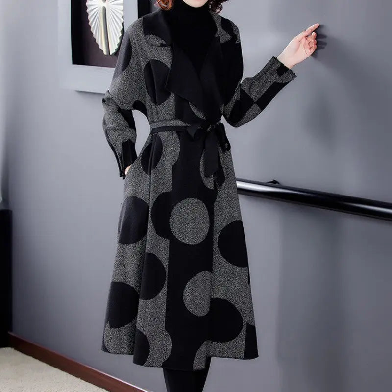 [Gift For Her] Women's Polka Dot Mid Length Large Lapel Trench Coat spiyle