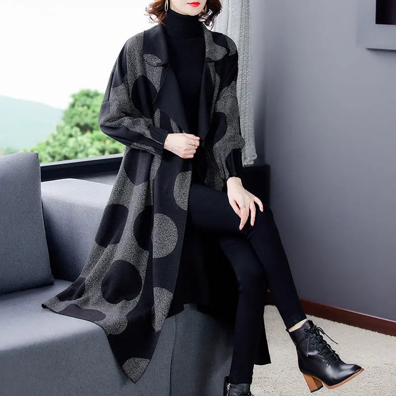 [Gift For Her] Women's Polka Dot Mid Length Large Lapel Trench Coat spiyle