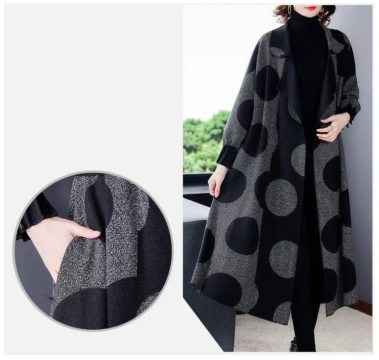 [Gift For Her] Women's Polka Dot Mid Length Large Lapel Trench Coat spiyle