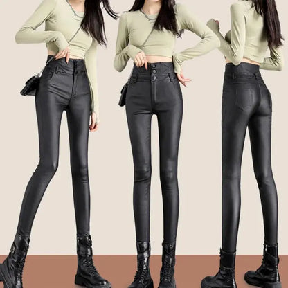 Nice Gift! 3-button Quilted Matte Leather Leggings for Women spiyle