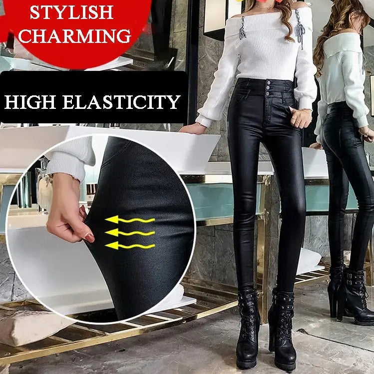 Nice Gift! 3-button Quilted Matte Leather Leggings for Women spiyle