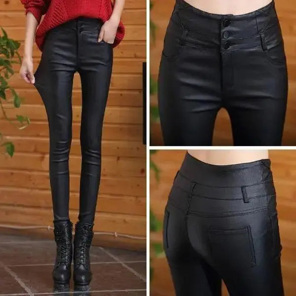 Nice Gift! 3-button Quilted Matte Leather Leggings for Women spiyle