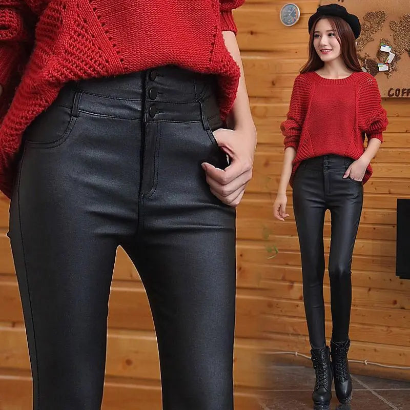 Nice Gift! 3-button Quilted Matte Leather Leggings for Women spiyle