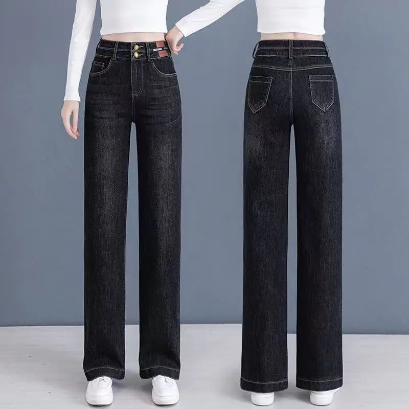 High Waisted Double Breasted Straight Wide-Leg Jeans spiyle