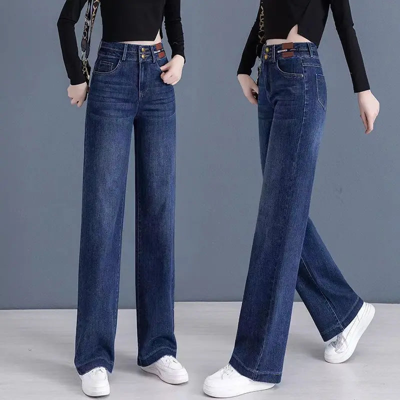 High Waisted Double Breasted Straight Wide-Leg Jeans spiyle