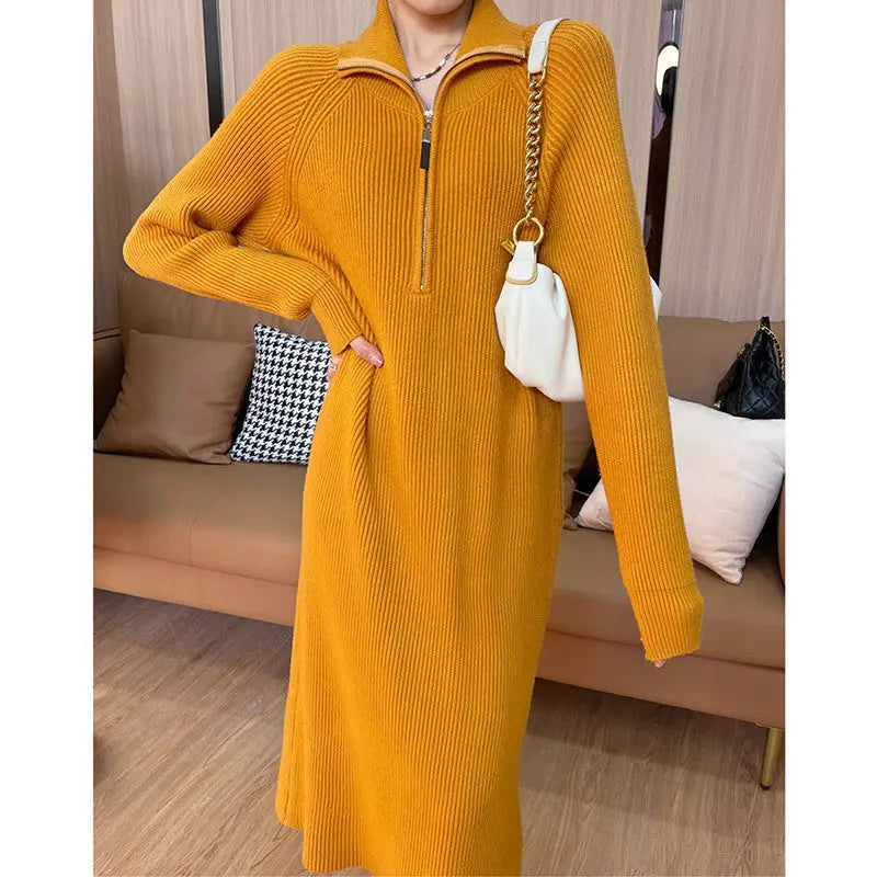 [Women’s Gift] Women Casual Half Zip Long Sleeve Knit Sweater Dress spiyle