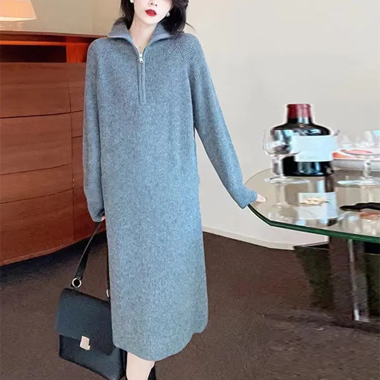 [Women’s Gift] Women Casual Half Zip Long Sleeve Knit Sweater Dress spiyle