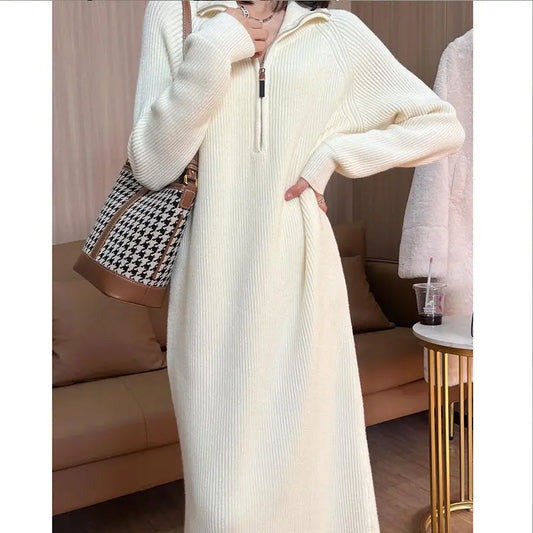 [Women’s Gift] Women Casual Half Zip Long Sleeve Knit Sweater Dress spiyle