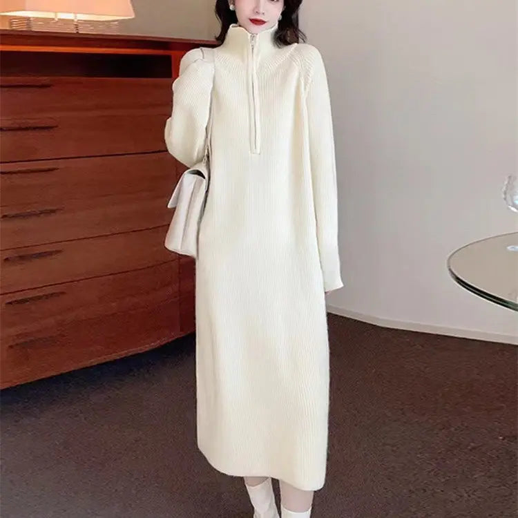 [Women’s Gift] Women Casual Half Zip Long Sleeve Knit Sweater Dress spiyle