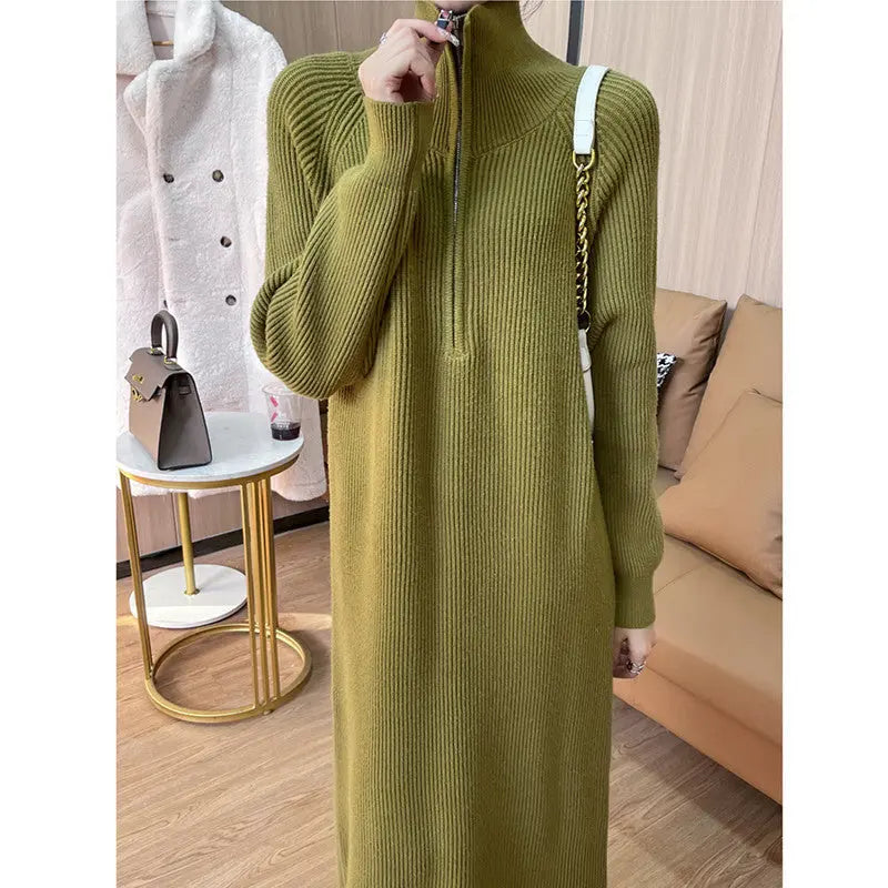 [Women’s Gift] Women Casual Half Zip Long Sleeve Knit Sweater Dress spiyle