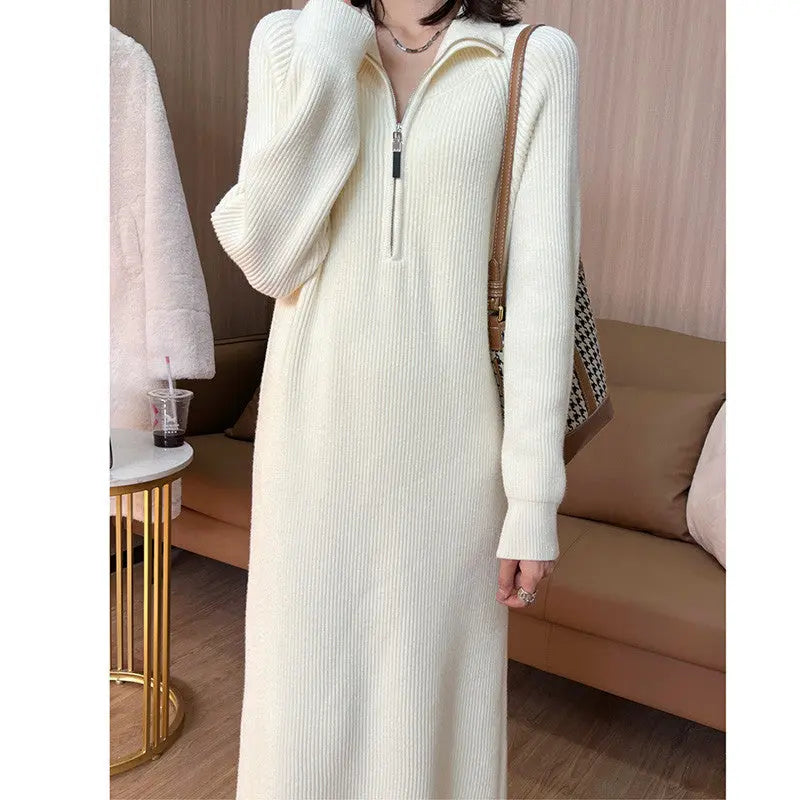 [Women’s Gift] Women Casual Half Zip Long Sleeve Knit Sweater Dress spiyle