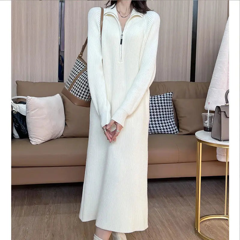 [Women’s Gift] Women Casual Half Zip Long Sleeve Knit Sweater Dress spiyle