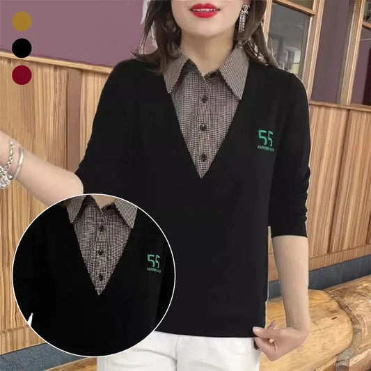 🔥✨HOT SALE24.99🔥🎅Best Gift For Her - Fashion Black And White Plaid Collar Fake Two Pieces Long Sleeve T-Shirt(40%OFF) spiyle