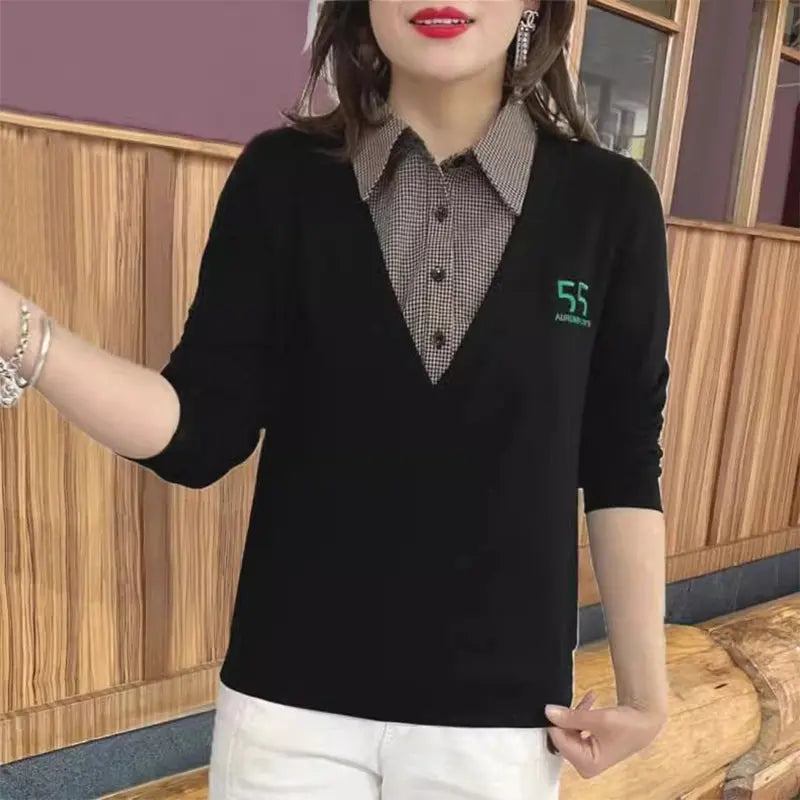 🔥✨HOT SALE24.99🔥🎅Best Gift For Her - Fashion Black And White Plaid Collar Fake Two Pieces Long Sleeve T-Shirt(40%OFF) spiyle