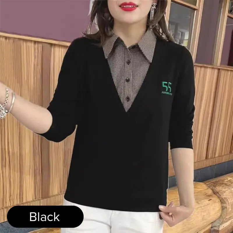 🔥✨HOT SALE24.99🔥🎅Best Gift For Her - Fashion Black And White Plaid Collar Fake Two Pieces Long Sleeve T-Shirt(40%OFF) spiyle