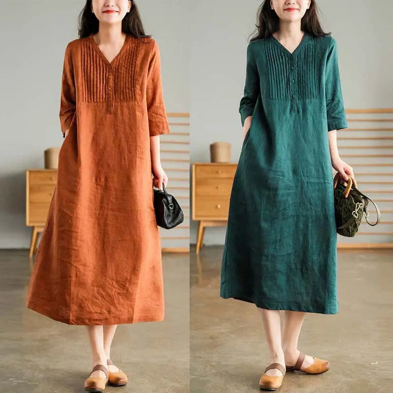 🔥HOT SALE 26.99🔥Women's Cotton Linen V-Neck Half Sleeve Dress(32%OFF) spiyle