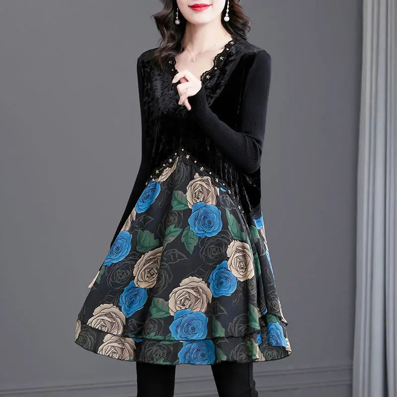 Best Gift for Her * Elegant Floral Print Lace Trim V-Neck Dress spiyle