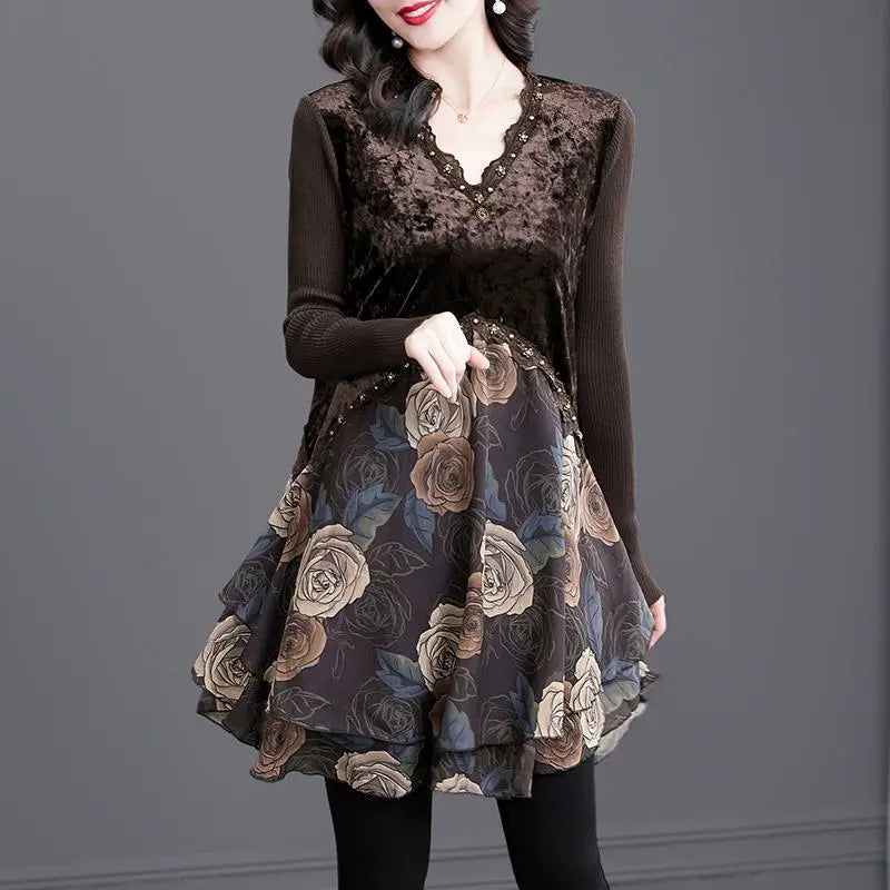 Best Gift for Her * Elegant Floral Print Lace Trim V-Neck Dress spiyle