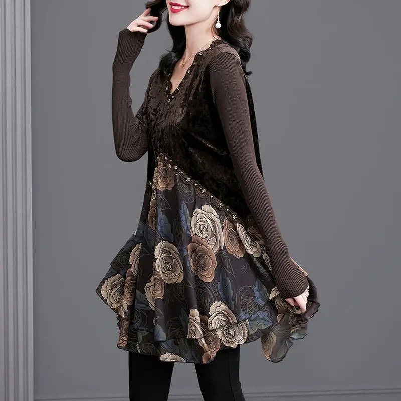 Best Gift for Her * Elegant Floral Print Lace Trim V-Neck Dress spiyle