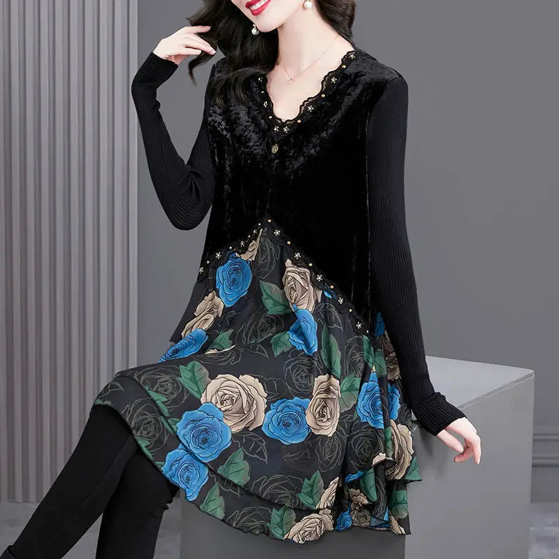 Best Gift for Her * Elegant Floral Print Lace Trim V-Neck Dress spiyle