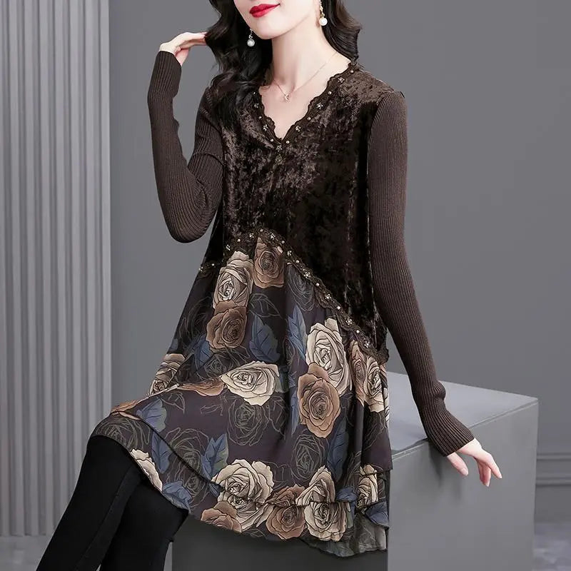 Best Gift for Her * Elegant Floral Print Lace Trim V-Neck Dress spiyle