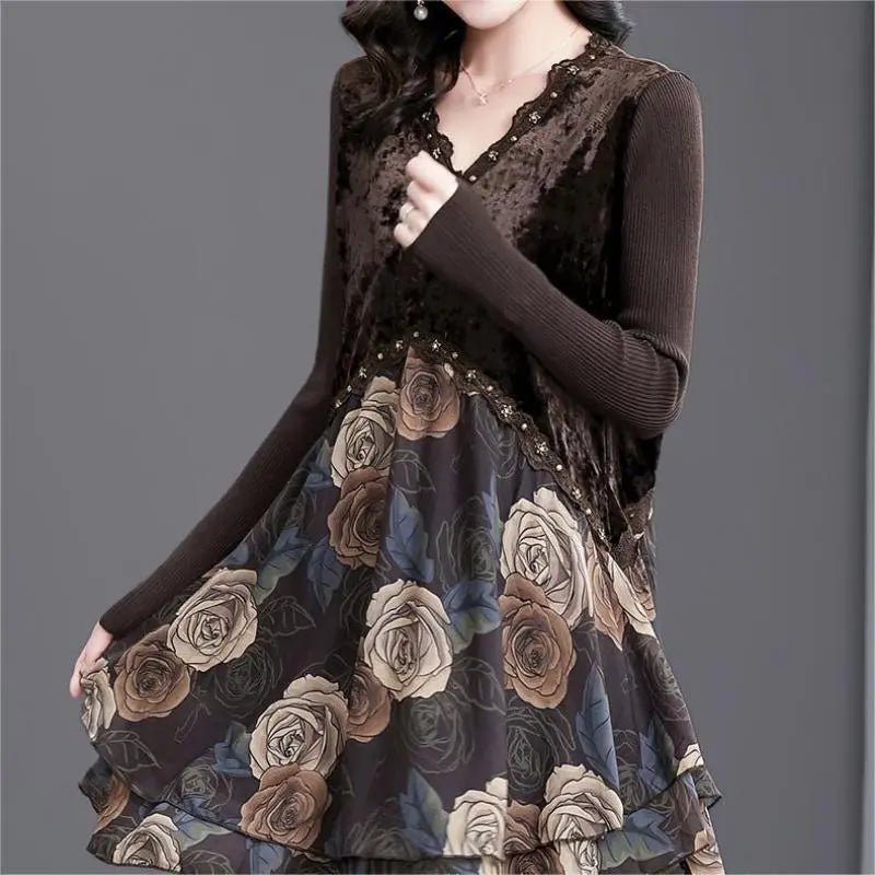 Best Gift for Her * Elegant Floral Print Lace Trim V-Neck Dress spiyle