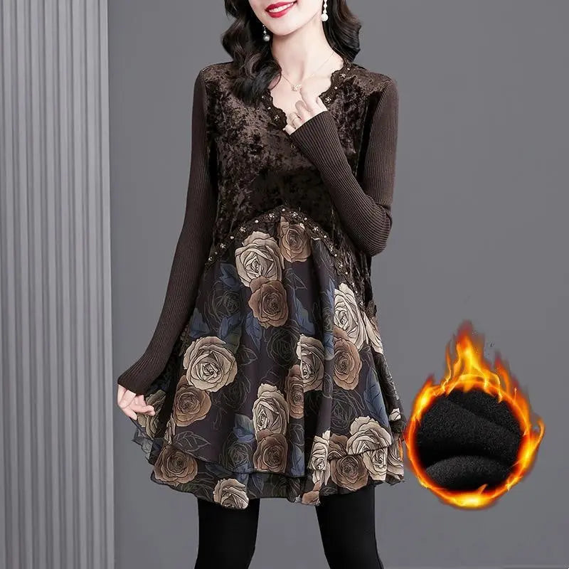 Best Gift for Her * Elegant Floral Print Lace Trim V-Neck Dress spiyle