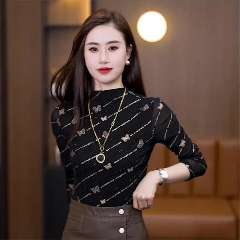 Fashion Luxury Pattern Half-high Neck Women's Top spiyle