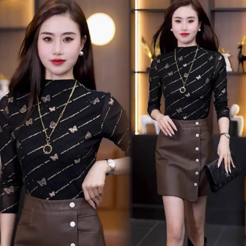 Fashion Luxury Pattern Half-high Neck Women's Top spiyle