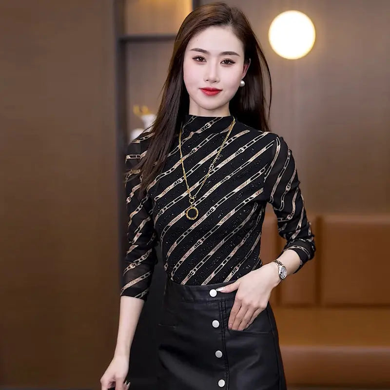 Fashion Luxury Pattern Half-high Neck Women's Top spiyle