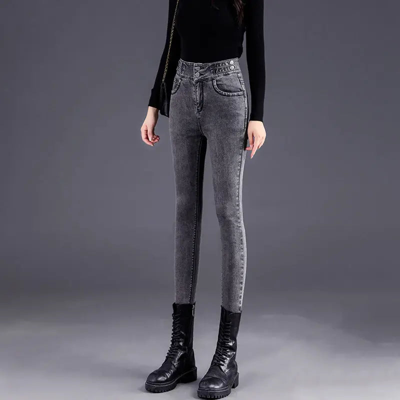 Women's High-Waisted Thick Plush - Lined Skinny Jeans spiyle