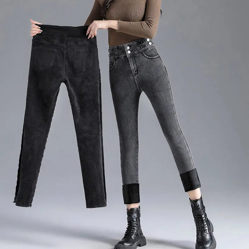 Women's High-Waisted Thick Plush - Lined Skinny Jeans spiyle