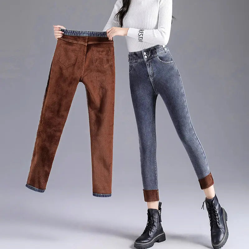 Women's High-Waisted Thick Plush - Lined Skinny Jeans spiyle