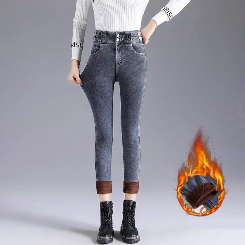 Women's High-Waisted Thick Plush - Lined Skinny Jeans spiyle