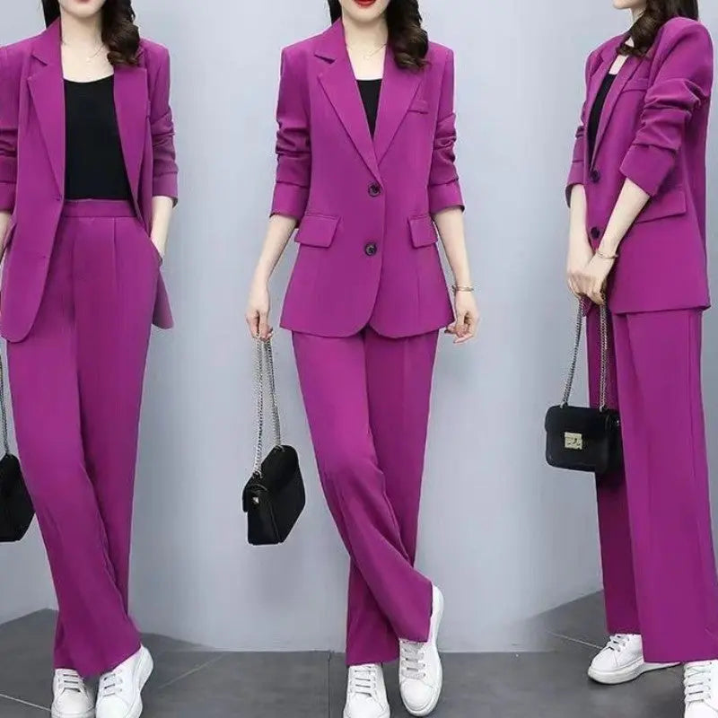 Women's Blazer Jacket and Wide Leg Pants Business Casual Suit Sets spiyle