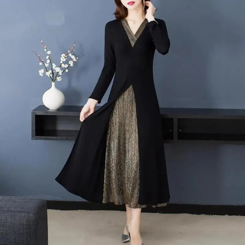 Lady’s Temperament Fake 2-piece Long-sleeve Dress spiyle