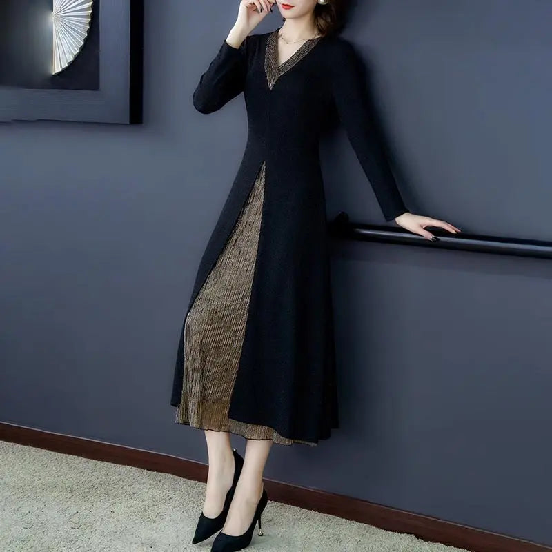 Lady’s Temperament Fake 2-piece Long-sleeve Dress spiyle