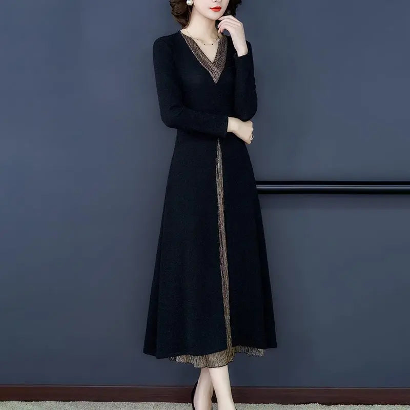 Lady’s Temperament Fake 2-piece Long-sleeve Dress spiyle